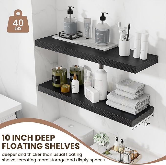 Fun Memories Floating Shelves for Wall 36 Inches, Wood Shelves with Invisible Bracket, 10" Deep Shelves Wall Mounted, Large Wood Floating Shelves for Living Room Bathroom, Black, Set of 2