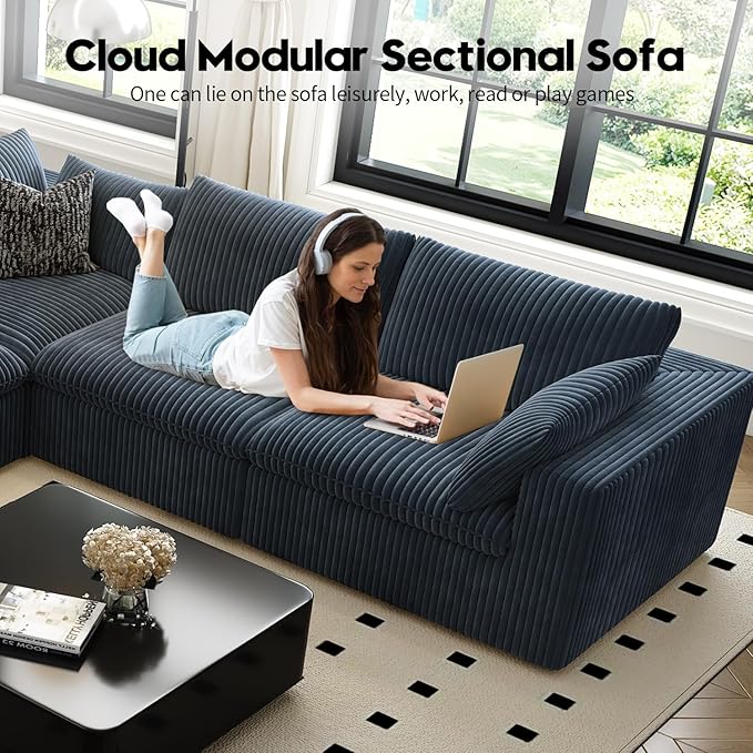 118" Cloud Couch Oversized Modular Sectional Sofa for Living Room,Modern Sofa with Deep Seat,V Shaped Boneless Couch,Comfy Upholstered Corduroy Couches for Apartment, Studio, Office,Bedroom,Blue
