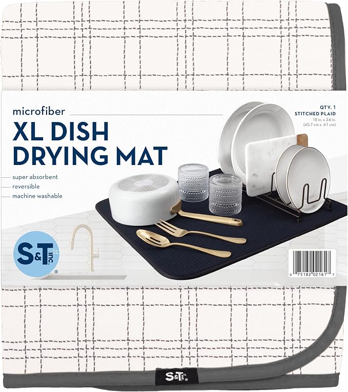 S&T INC. Dish Drying Mat XL, 18” x 24”, Absorbent Microfiber Kitchen Counter Mat, Dish Drying Pad for Dishes, Utensils, Pots and Pans, Extra Large, Stitched Plaid