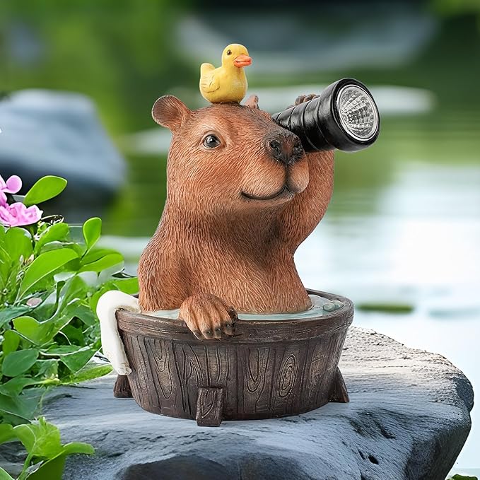 Capybara Solar Garden Statue β Funny Outdoor Resin Animal Decor with Flashlight & Duck β Waterproof Yard Lawn Ornament with LED Light β Solar Powered Figurine for Patio, Porch, Landscape