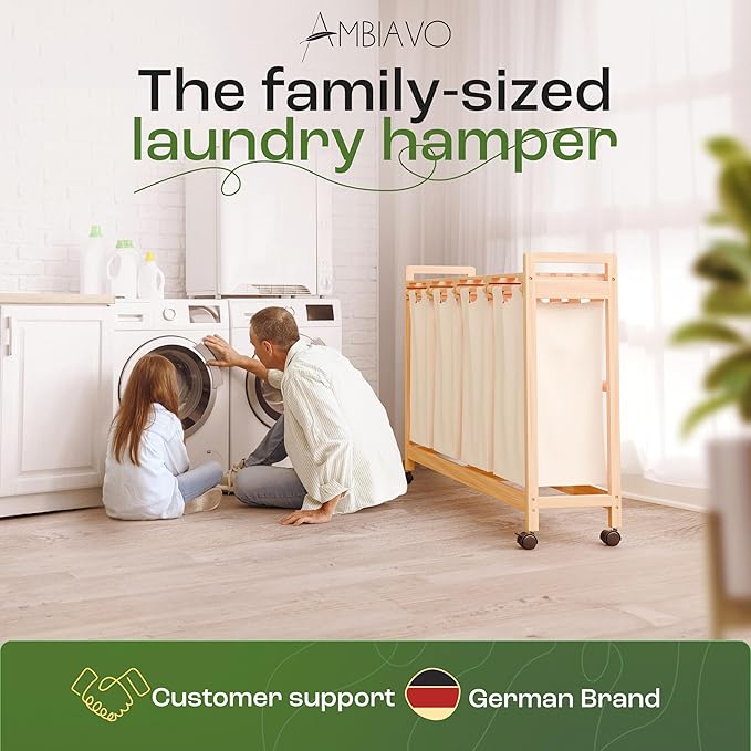 Laundry Sorter with 4 Sections beige, Hamper with Removable Cotton Bags & Wheels ā Perfect Laundry Organizer - Eco-Friendly Rolling Laundry Basket ā Durable Bamboo and Stylish Design