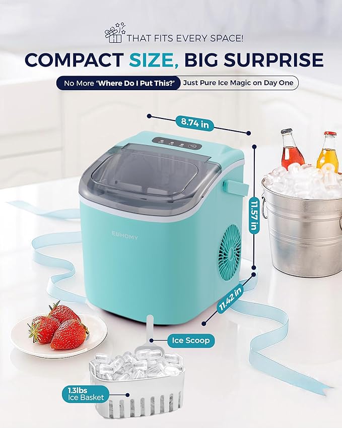 EUHOMY Countertop Ice Maker Machine with Handle, 26lbs Per Day, 9 Ice Cubes Ready in 6 Mins, Auto-Cleaning Portable Ice Maker with Basket and Scoop, for Home/Kitchen/Camping/RV (Green)