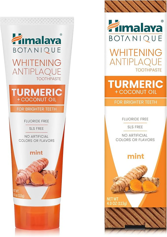 Himalaya Botanique Turmeric & Coconut Oil Whitening Antiplaque Herbal Toothpaste, Whitens Teeth, Fluoride Free, No Artificial Flavors, SLS Free, Vegan, Cruelty Free, Foaming, Mint Flavor, 4 Oz, 1 Pack