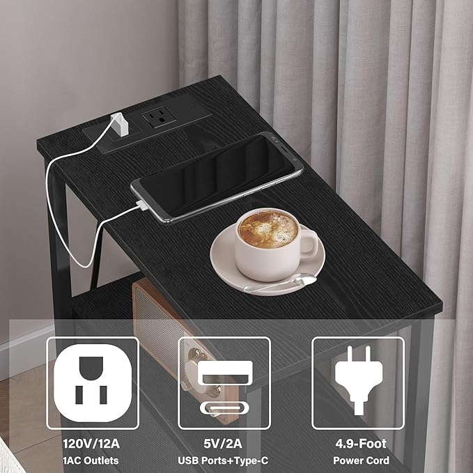 TUTOTAK Narrow Night Stand with Charging Station, Slim End Table with Plugins, Tall Side Table with 3 Fabric Drawer, Small Bedside Table with Storage, Set of 2, Living Room, Bedroom, Black TB01BK073