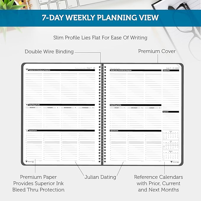 Planner Pad Spiral Bound 3-Tier Funnel Down 12 Month Organizer, July 2025 – June 2026 / Academic Year, Black Cover/Black Ink, 8 1/2" x 11"