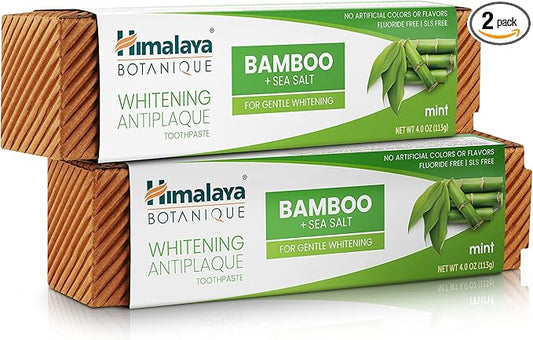 Himalaya Botanique Whitening Antiplaque Toothpaste with Bamboo + Sea Salt, Fluoride Free, for Gentle Whitening, 4 oz, 2 Pack