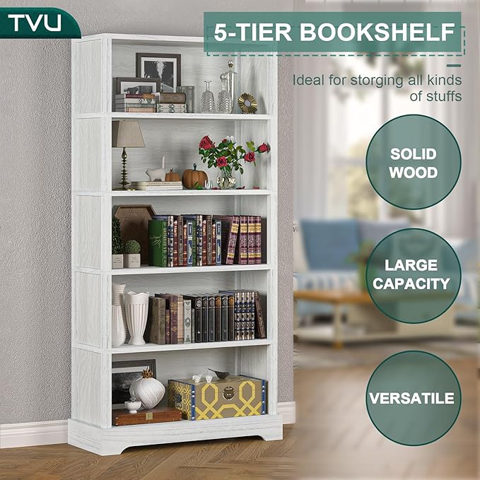 TVU 5-Shelf Wood Bookcase, 65 Inch Tall Bookshelf with Storage, Floor Standing Display Book Shelf,for Living Room Bedroom Study Office,Antique White