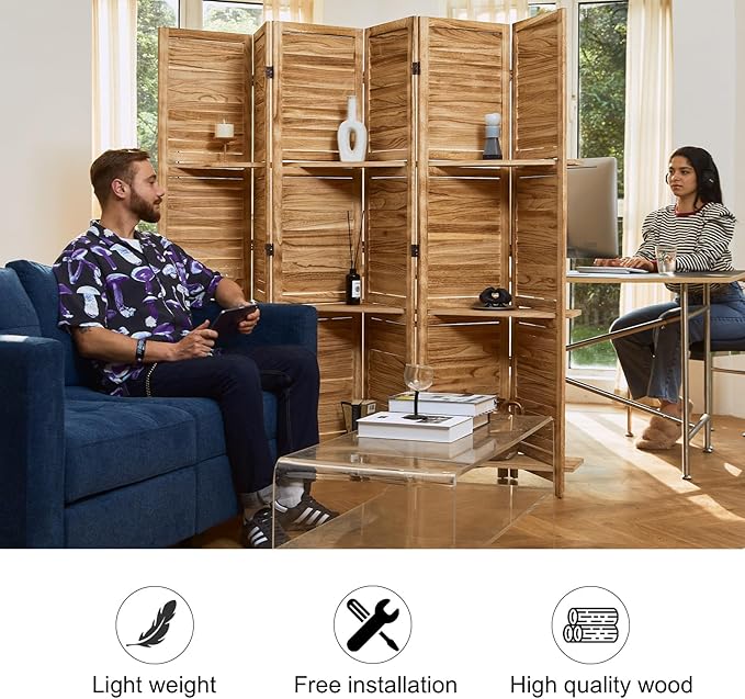 Room Divider with Shelves, 5.6 Ft Tall Folding Wood Screen with Double Hinges for Home Office Bedroom Hotel Decoration (6 Panels, Natural)