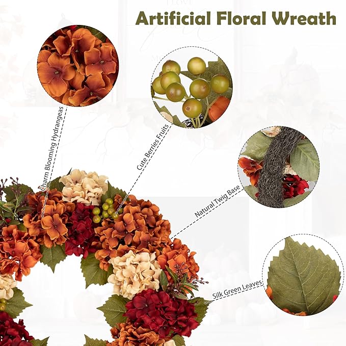Fall Wreaths for Front Door, 24 inch Autumn Wreath with Hydrangeas Berries Large Fall Door Wreath Artificial Hydrangea Flowers Wreaths Autumn Decorations for Farmhouse Thanksgiving Harvest Door Wall