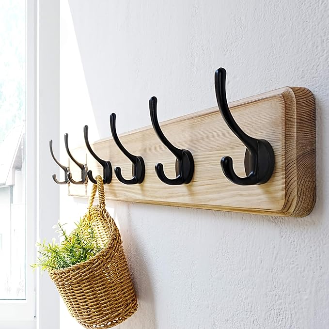 Dseap Coat Rack Wall: 24" Long, Patented, Heavy-Duty, 6-Double-Hooks Wooden Wall Mounted Coat Rack Coat Hanger Hook Rail for Winter Coats Hat Jacket Clothing, Light Brown, Pack of 2