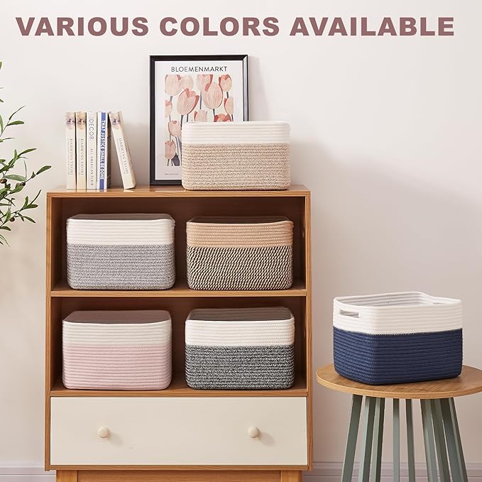 OIAHOMY 4 Pack Storage Baskets for Organizing, Basket for Shelves with Handle, Woven Baskets for Storage Toys, Towels, Books, Cotton Rope Basket 13" L x 9 " W x 7.8 " H, Brown & Black