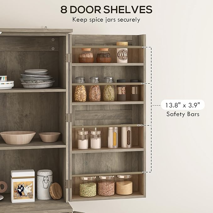 HOMCOM 72" Farmhouse Kitchen Pantry Cabinet, Freestanding Tall Storage Cabinet with 4 Barn Doors, 4 Adjustable Shelves and 8 Door Shelves, Gray Wash