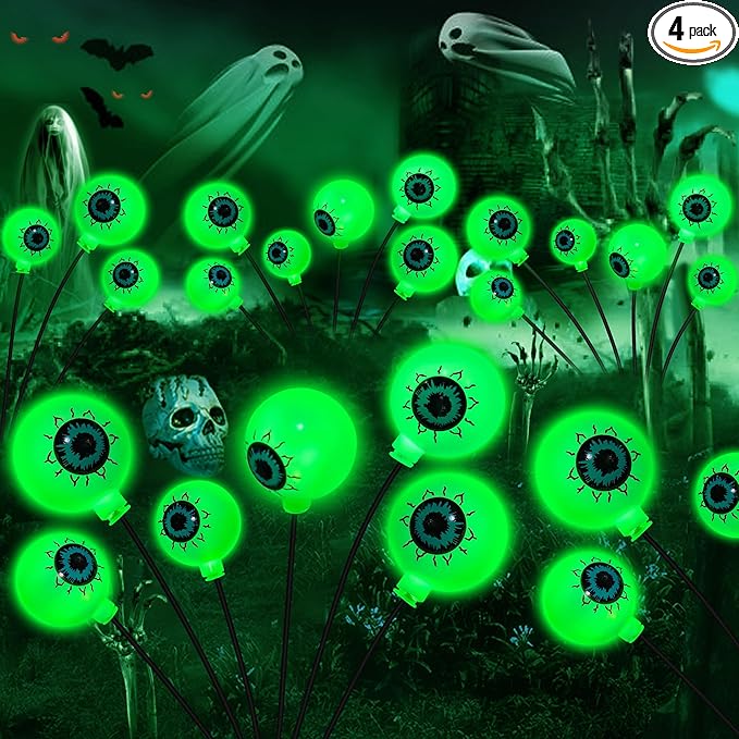 Solar Halloween Decorations, 4 Pack 24 LED Spooky Eyeball Lights, Outdoor Waterproof Solar Green Firefly Lights for Garden Yard Patio Pathway Lawn Halloween Party