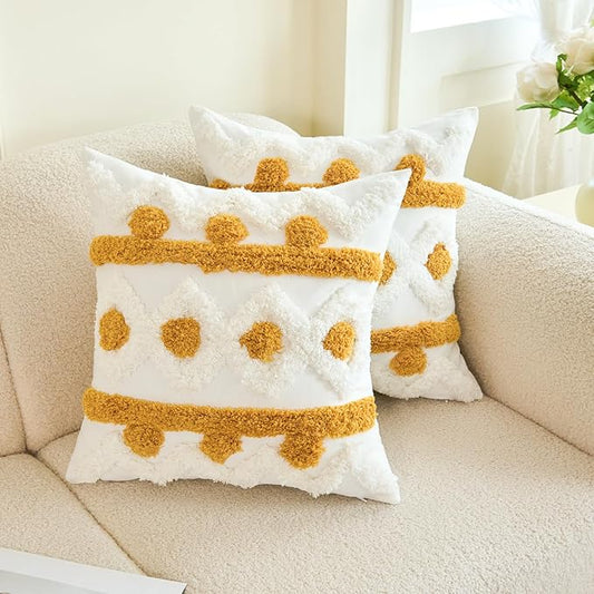 HOdo Home 18x18 Throw Pillow Covers, 2PCS Tufted Boho Jacquard Pillow Covers,Farmhouse Decorative Pillow Cover,Pillow Cases for Couch Sofa Bed Stylish Decor, Simple Textured Cushion Sham
