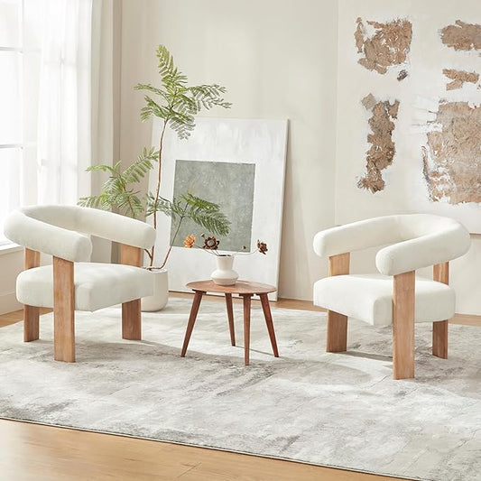 VKNOW Accent Chairs Set of 2, Modern Upholstered Living Room Chair Armchair with Solid Wood Legs, Comfy Barrel Arm Chairs for Living Room Bedroom, Cream