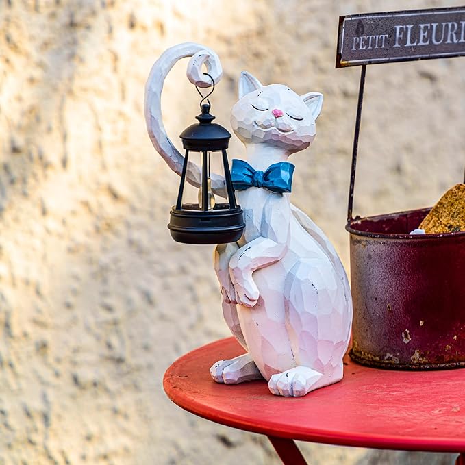 WHIMSYNOOK 10.7" White Cat Solar Garden Light Statue – Outdoor Garden & Yard Decor, LED Lantern, Gift for Cat Lovers