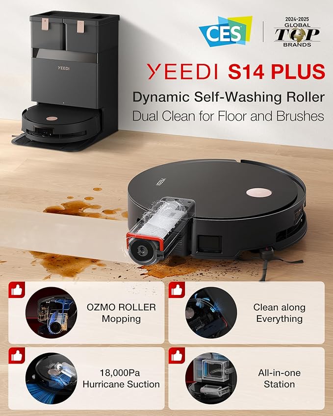 Yeedi S14 Plus Robot Vacuum and Mop, 18,000Pa Suction, OZMO Roller Mopping, ZeroTangle 2.0, TruEdge 3D Sensor, All-in-One Station with Auto Hot Water Washing & Self-Drying, Black