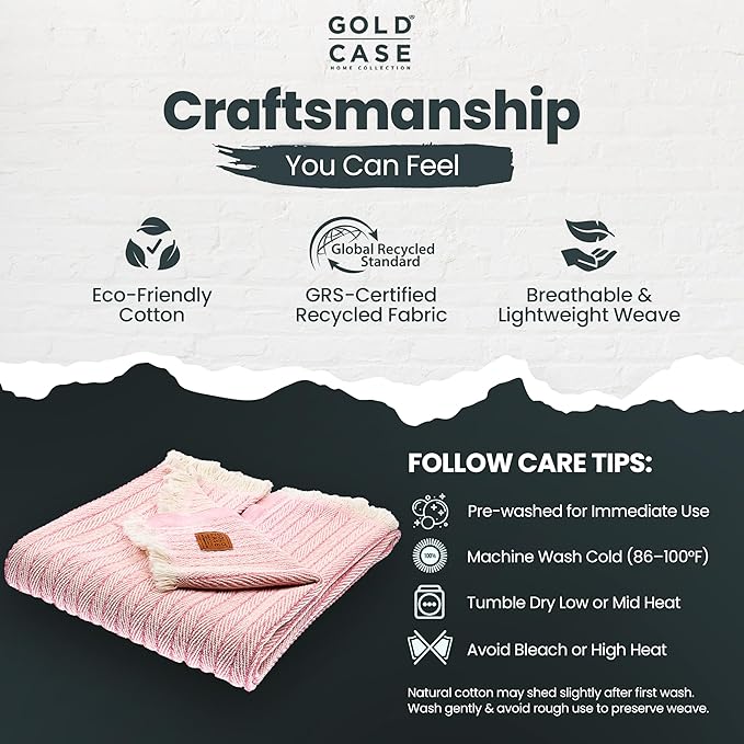 Gold Case Throw Blanket for Couch – 100% Recycled Turkish Cotton Blankets & Throws – Elegant Decorative Throw Blankets for Living Room Sofa – Woven Throws for Couch – Retro Pink – 50x60