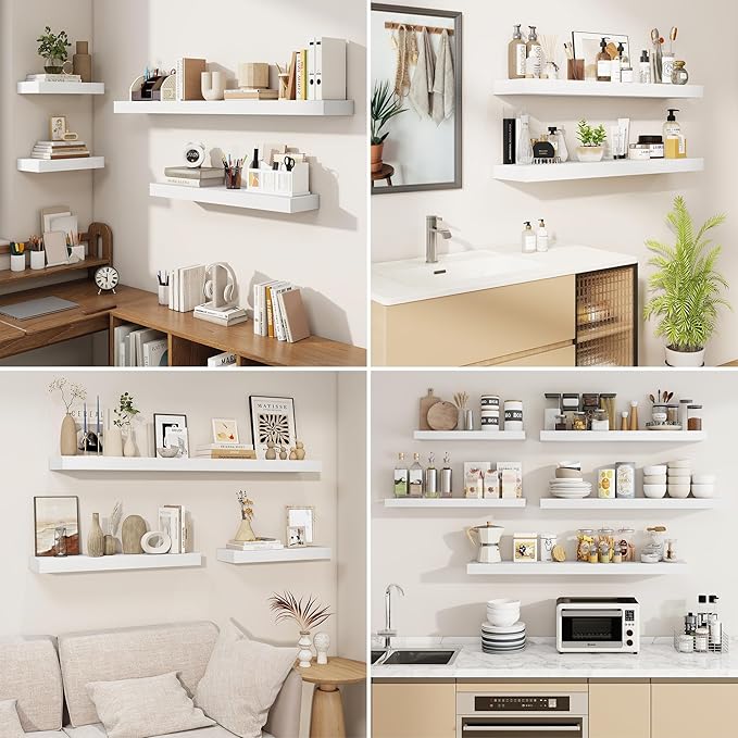 fuqing Floating Shelves for Wall, Bathroom Shelf Wall Mounted for Storage, Shelves with Invisible Bracket for Bedroom, Kitchen, Living Room, Farmhouse Small Book Shelf, 55 Inch Set of 2, White