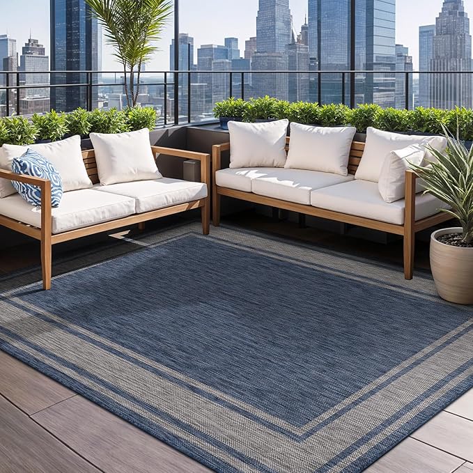 Beverly Rug Large Outdoor Rug 10x14 Modern Bordered Area Rugs for Indoor and Outdoor Patio Deck Porch Garden Waterproof Weather Sun Resistant Washable Outside Carpet (10 x 14 Navy)