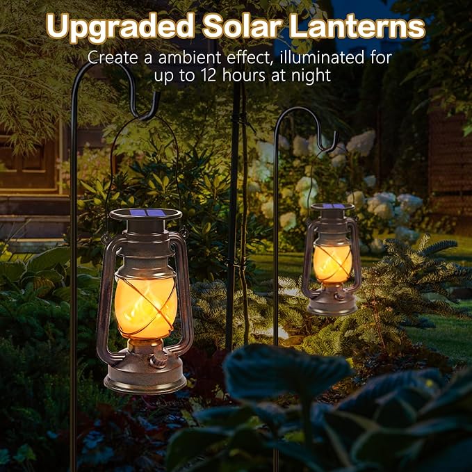 Solar Powered LED Lanterns Decorative Outdoor,2 Pack Bronze Vintage Lanterns with Dancing Flame,Waterproof Solar Hanging Lights for Camping Patio Garden Yard Pathway Decor
