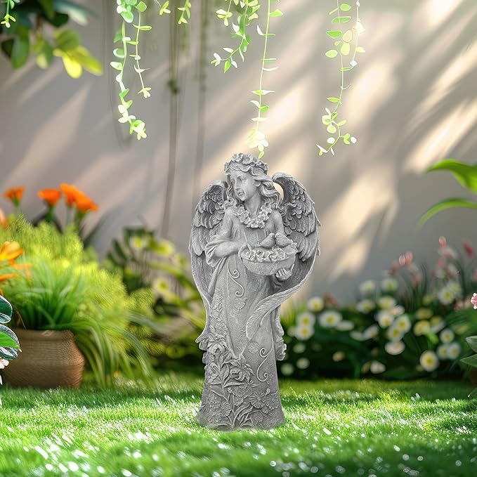 Outdoor Statues Angel Décor Garden Statue- 23.5" H Angel Statue,Resin Angel with Bird Figurine, Ideal for Yard, Patio, Deck, Home Entryway, and Hallway(Grey)
