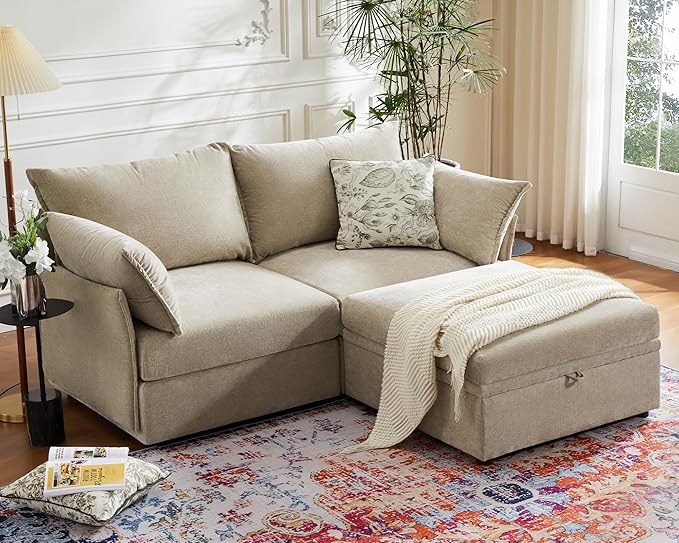 Oversized Loveseat Sofa, Modern Modular Sectional Couch Beige Fluffy Chenille Mid Century 2-Seat 24.5" Deep Seat for Apartment, Living Room, Bedroom