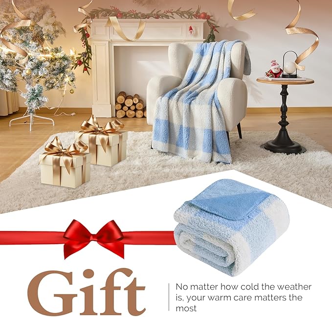 LURKA Checkered Sherpa Fleece Throw Blanket - Extra Thick and Warm Winter Soft Fuzzy Plush Blanket for Couches, Beds & Pets, Glacier, 50x60 Inches