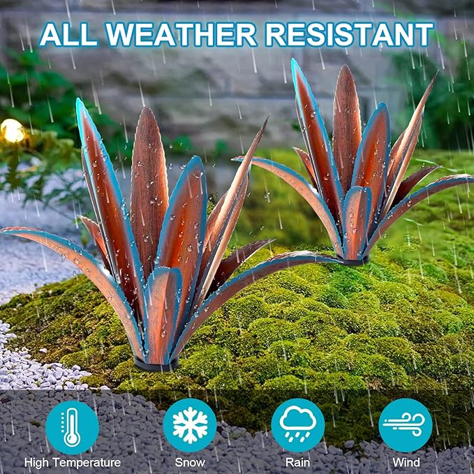 TOMBABY Enlarge Thickened Wind Resistant Iron Agave Metal Plant Country Garden Sculpture Statue Outdoor Decoration Agave Metal Plant Courtyard Garden Lawn Ornament Gift (2, 12 Leaves Blue)