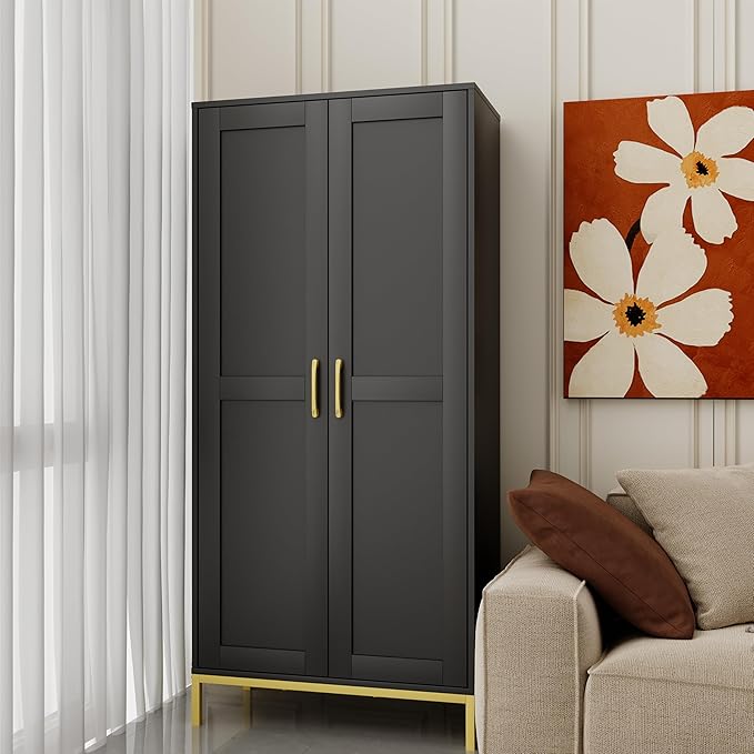 Tall Storage Cabinet, Kitchen Pantry Cabinet with 2 Doors & Adjustable Shelves for Laundry Room, Living Room, Entryway,Bathroom,Black