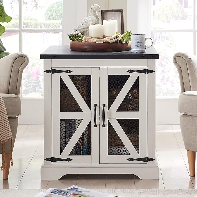 JXQTLINGMU Farmhouse End Table, 24" Large Sofa Side Table with Charging Station, Mesh Barn Door, and Adjustable Storage Shelf, Rustic Wood Square Nightstand for Living Room, Bedroom, Office, White