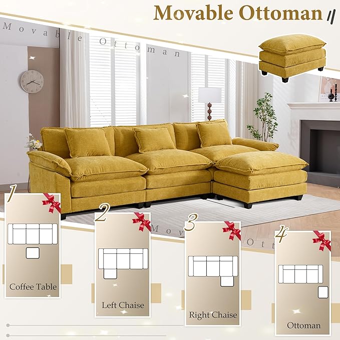 URRED Modular Sectional Sofa Comfy Cloud Couch, Modern Chenille Sofa Sleeper Deep Seat Couches with Ottoman/Pillows for Living Room (Yellow, 117''- L Shape)