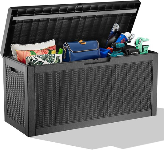 60 Gallon Resin Deck Box, Lockable Outdoor Storage Box for Patio Cushions Storage Furniture,Garden Tools, Pool Supplies, Weatherproof and UV Resistant(Black Rattan)