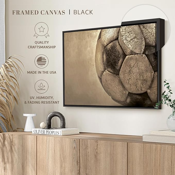 Elephant Stock Worn Soccer Ball Wall Art - Horizontal Framed Canvas - 1-Piece Living Room Wall Decor - Photography sports Canvas Print - Brown and Gray Decor for Wall - 43" X 29"