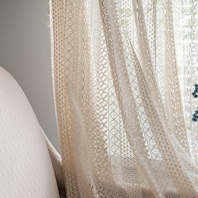 Sutuo Home Boho Curtains 120 inches for Bedroom Living Room Patio Doorway, Crochet Lace Sheer Bohemian Extra Long with Tassels,Window Treatment Drape, Single 1 Panel 59" W x 120" L, Beige