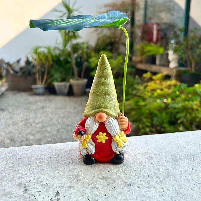 Garden Female Gnome Statue Decoration with Leaf Umbrella, 6.5” Figurine Ornament for Indoor Outdoor Home Patio Yard Lawn, for Gnome Lovers & Garden Enthusiasts,Mom,Women