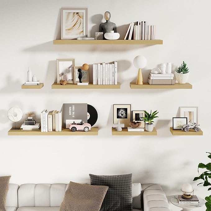 Fun Memories Floating Shelves for Wall - 10 x 16 Floating Shelf - Rustic Wood Storage Shelf - Wall Shelves with Invisible Bracket - 16" Bookshelves for Living Room & Bedroom - Oak - Set of 2
