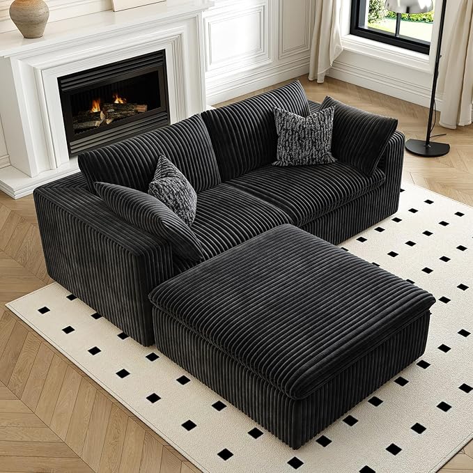 LoveSeat Cloud Couch Modular Sectional Sofa for Living Room,Modern Sofa with Deep Seat,2 Seater Boneless Couch with Ottoman,Comfy Upholstered Couches for Apartment, Studio, Office,Bedroom,Black