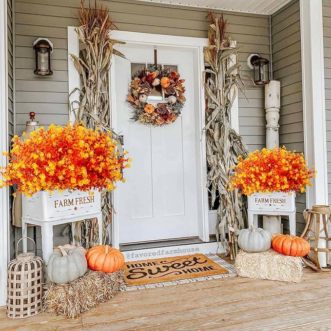 12 Bundles Artificial Fall Flowers No Fade Faux Autumn Plants, Fake Indoor Outdoor Greenery Decorations for Thanksgiving Christmas Wedding Party Home Garden Fireplace Décor (Fall Orange)
