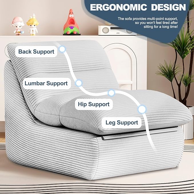 Misolant Bean Bag Chairs,Big Corduroy Fabric Sofa Bean Bag Chair for Adults and Teens with High-Resilience Sponge, Non-Slip Base Floor Lounge Sofa for Home, Living Room, Bedroom, Gaming Light Gray