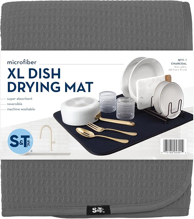 S&T INC. Dish Drying Mat XL, 18” x 24”, Absorbent Microfiber Kitchen Counter Mat, Dish Drying Pad for Dishes, Utensils, Pots and Pans, Extra Large, Charcoal