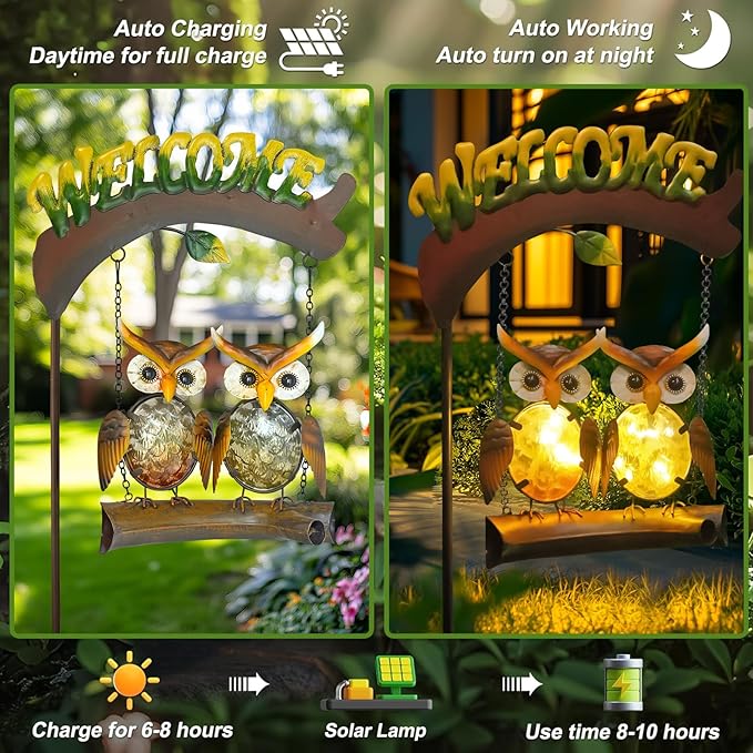 HONGLAND Solar Lights Outdoor Decor, Owl Swing Garden Decor, Owl Gifts for Women Mom, Whimsical Garden Lights Outdoor Decorations with Welcome Sign for Outside Patio Yard Lawn Decor