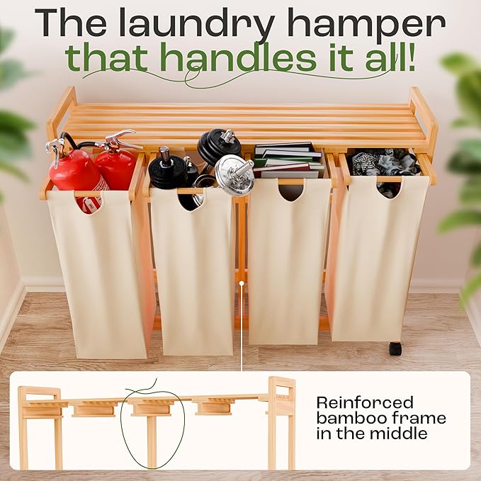 Laundry Sorter with 4 Sections beige, Hamper with Removable Cotton Bags & Wheels ā Perfect Laundry Organizer - Eco-Friendly Rolling Laundry Basket ā Durable Bamboo and Stylish Design