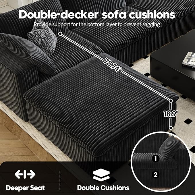118" Cloud Couch Modular Sectional Sofa for Living Room,Modern Sofa with Deep Seat,U-Shape Boneless Couch with 2 Ottoman,Comfy Upholstered Corduroy Couches for Apartment, Studio, Office,Bedroom,Black