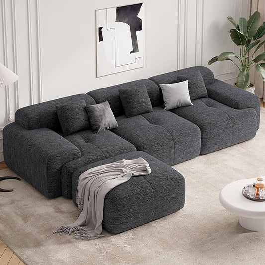 122" Modern L Shaped Modular Sectional Sofa, Boneless Couches for Living Room with Ottoman,4 Seater Convertible Chenille Cloud Couch Sofa Set, No Assembly Required, Grey-Black 1 PCS
