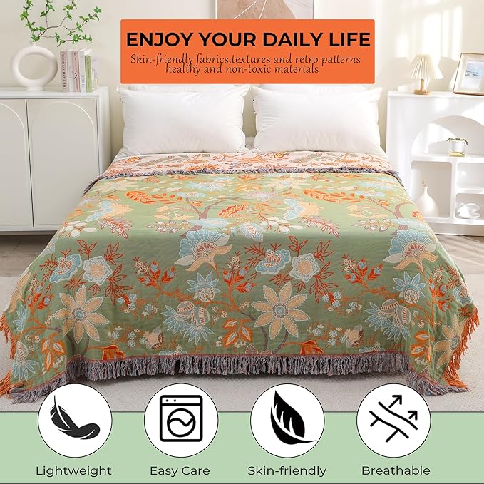 Boho Fall Throw Blanket for Bed,100% Ultra Cotton Soft Breathable Bed Throw Floral Printed Farmhouse Decor Rustic Bed Throws for Couch Sofa Quilt 60" x 80"-Orange& Sage Green
