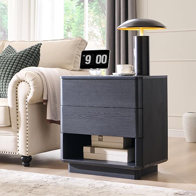 Nightstand with Charging Station, 22" Push-to-Open Bedside Table with 2 Storage Drawers, Large Modern End Table for Bedroom,Black