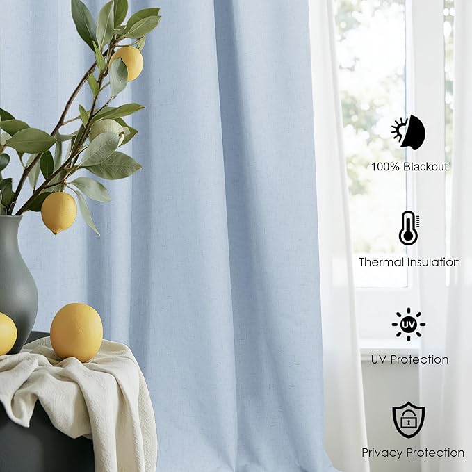 Baby Blue Nursery Blackout Curtains for Nursery 54 Inch Length 2 Panels Kawaii Short Light Blocking Room Darkening Heavy Cotton Linen Textured Black Out Curtain for Kids Bedroom Girls Noise Cancelling