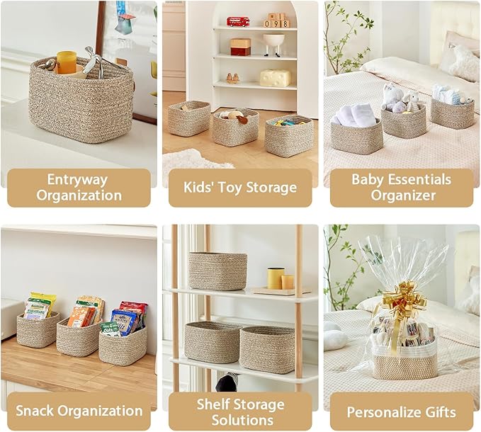 Small Cotton Rope Storage Basket Set of 3-11"x7"x7" Perfect Woven Baskets for Storage, Ideal Storage Baskets for Organizing Toys, Towels, and More - Baskets for Shelves and Home Decor(Beige)