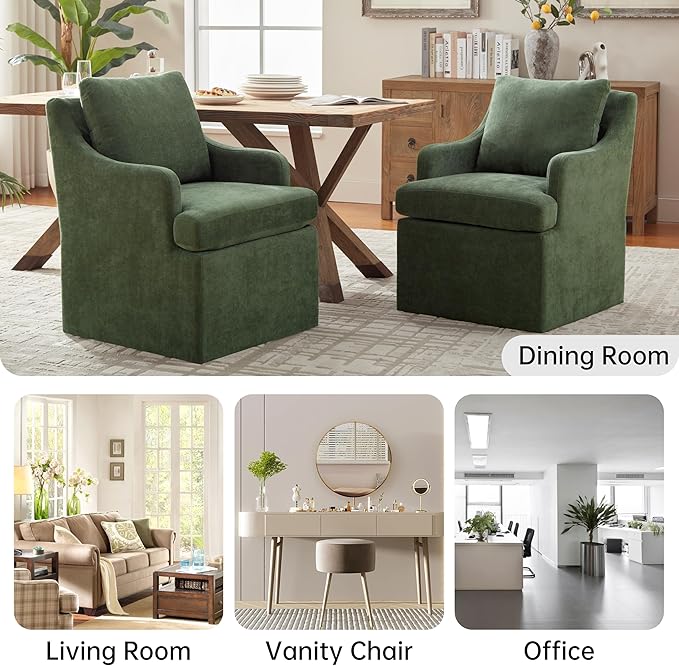VKNOW Upholstered Dining Chairs, Modern Kitchen Chairs Dinner Chairs with 4 Casters, Linen Armchair for Bedroom Reading Room Living Room, Green